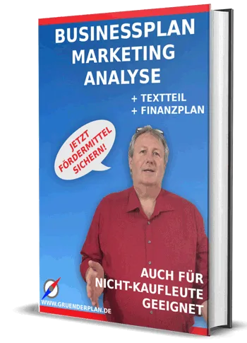 Businessplan Marketing-Analyse Buch-Cover mit Mann in rotem Hemd, Textteil und Finanzplan, 350×485 Pixel