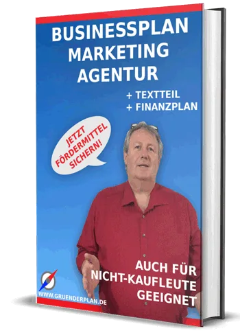 Businessplan Marketingagentur Buch-Cover mit Mann in rotem Hemd, Blau-Rot Design, Zusatz Textteil und Finanzplan