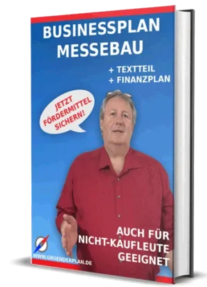 Businessplan Messebau Vorlage mit Mann in rotem Hemd, Textteile und Finanzplan, für Nicht-Käufer geeignet
