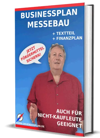 Businessplan Messebau Vorlage mit Mann in rotem Hemd, Textteile und Finanzplan, für Nicht-Käufer geeignet