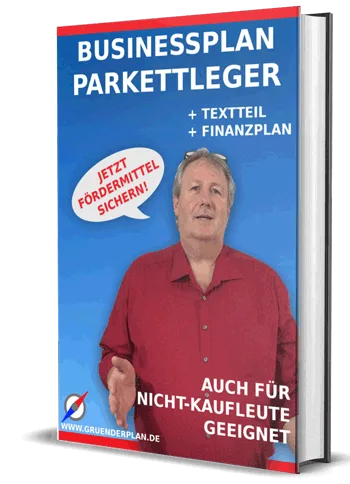 Businessplan Parkettleger Vorlage mit Mann in rotem Hemd auf blauem Hintergrund, Buch-Cover mit Textil und Finanzplan