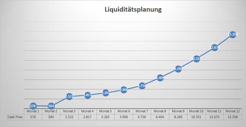 Liquiditätsplanung Liniendiagramm mit wachsendem Cash Flow über 12 Monate