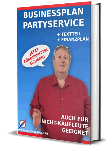 Businessplan Partyservice Buch-Cover mit Mann in rotem Hemd, Titel und Förderhinweis