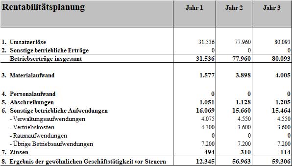 Rentabilitätsplanungstabelle des Businessplans für Jahre 1-3 mit Umsatz, Kosten und Gewinn