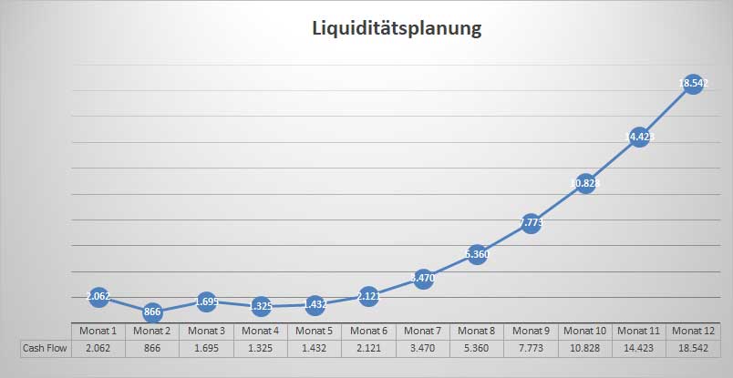 Liquiditätsplanungsgraph mit Liniendiagramm zeigt Cash Flow Entwicklung über 12 Monate
