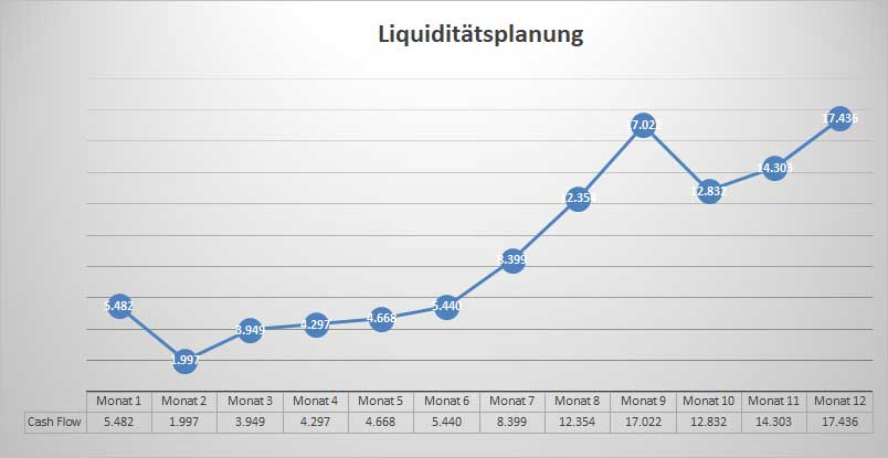 Liquiditätsplanungsgrafik mit Liniendiagramm über 12 Monate