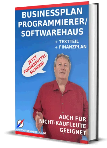 Businessplan Programmierer Softwarehaus Cover mit Mann in rotem Hemd, Textil und Finanzplan