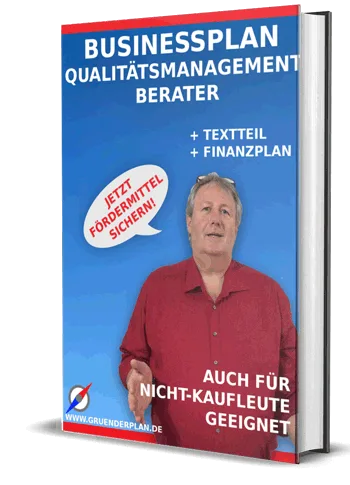 Businessplan Qualitätsmanagement Berater Buch-Cover mit Mann in rotem Hemd und Textbausteinen