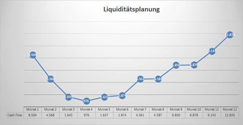 Businessplan Reiseveranstalter von Dirk Leimkuhl 10 Liquiditätsverlauf als Liniendiagramm über 12 Monate mit Cashflow-Kurve