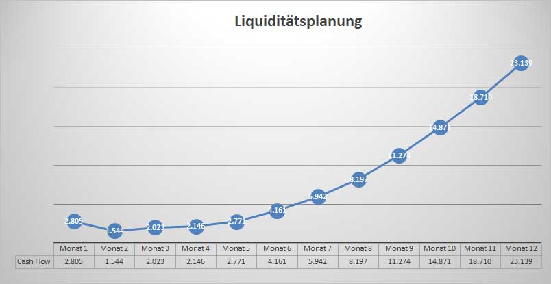 Liquiditätsplanung Diagramm mit Verlauf der Liquidität über 12 Monate