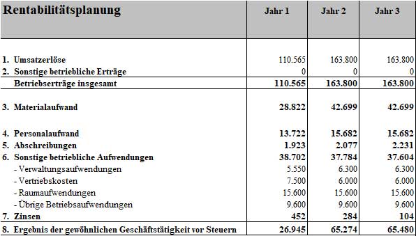 Businessplan Sonnenstudio – Vorlage mit Finanzplan von Dirk Leimkuhl 9 Rentabilitätsplanungstabelle mit Umsatzerlösen und Gewinn für 3 Jahre