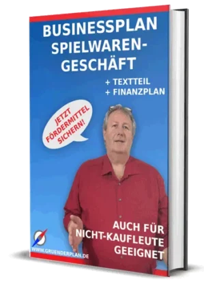 Businessplan Spielwarengeschäft Buch-Cover mit Mann in rotem Hemd und Textelementen
