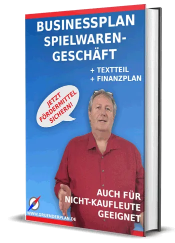 Businessplan Spielwarengeschäft Buch-Cover mit Mann in rotem Hemd und Textelementen