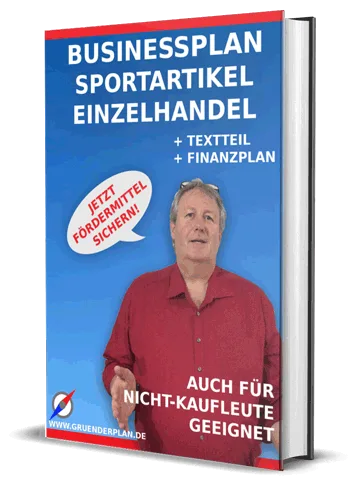 Businessplan Sportartikel Einzelhandel Cover mit Mann in rotem Hemd, Buch-Mockup 350x485px