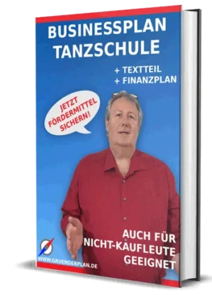 Businessplan Tanzschule Cover mit Mann in rotem Hemd, Buch-Mockup 350x485