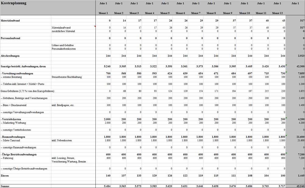 Kostenplanung Businessplan Tanzschule, Tabelle mit Jahresbudget und Monatsaufschlüsselung