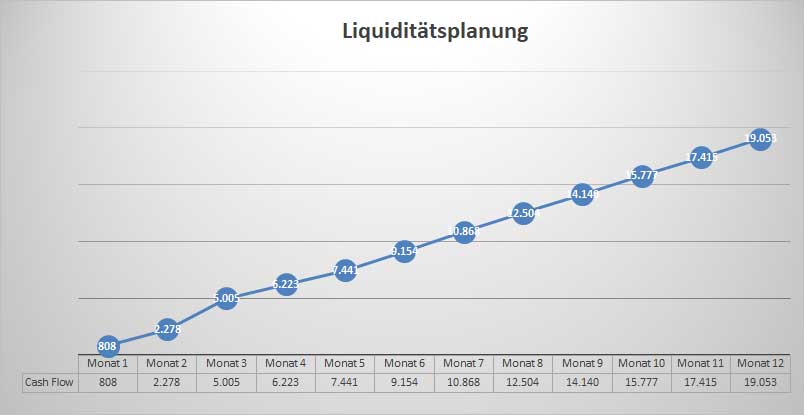 Liquiditätsplanungs-Diagramm des Businessplans Tattoostudio mit monatlicher Gewinnentwicklung
