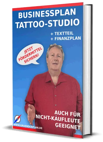Businessplan Tattoostudio Buchcover mit Mann im roten Hemd, blauem Hintergrund und Zusatz Textteil und Finanzplan