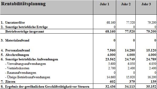 Businessplan Taxiunternehmer – Vorlage mit Finanzplan zur Gründung 9 Rentabilitätsplanungstabelle für 3 Jahre mit Umsatzerlösen, Aufwendungen und Gewinn vor Steuern