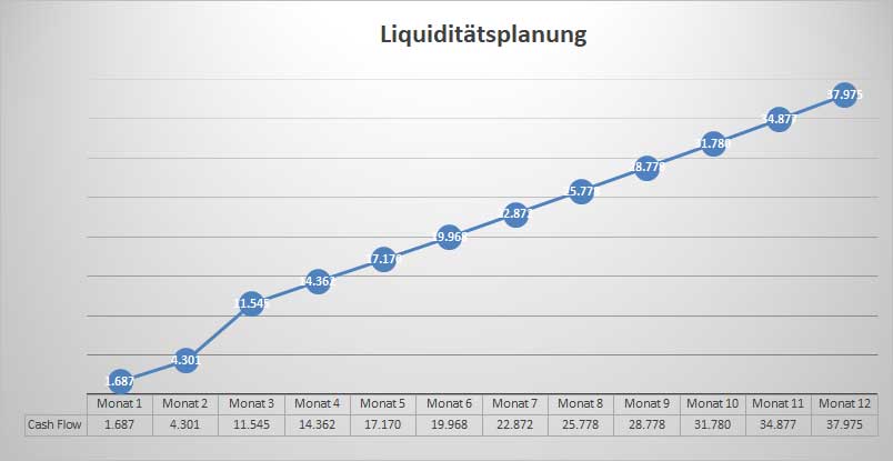 Businessplan Taxiunternehmer – Vorlage mit Finanzplan zur Gründung 10 Liquiditätsplanungsgrafik mit Liniendiagramm zeigt Cashflow-Entwicklung über 12 Monate mit ansteigendem Trend