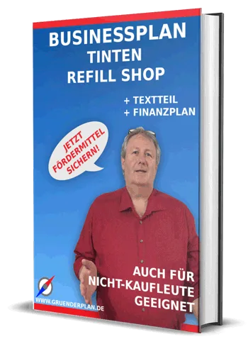 Businessplan Tinten Refill Shop Buch-Cover mit Mann in rotem Hemd und Fördersiegel