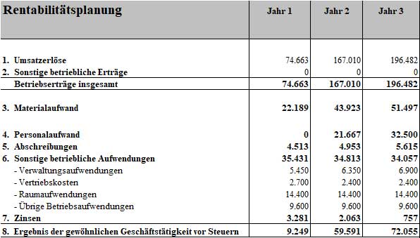 Rentabilitätsplanungstabelle Businessplan Zimmerer mit Umsatz und Gewinn für 3 Jahre