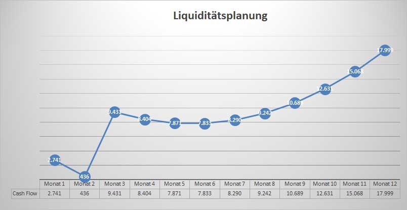Liquiditätsplanungsgrafik Businessplan Zimmerer mit Liniendiagramm für 12 Monate