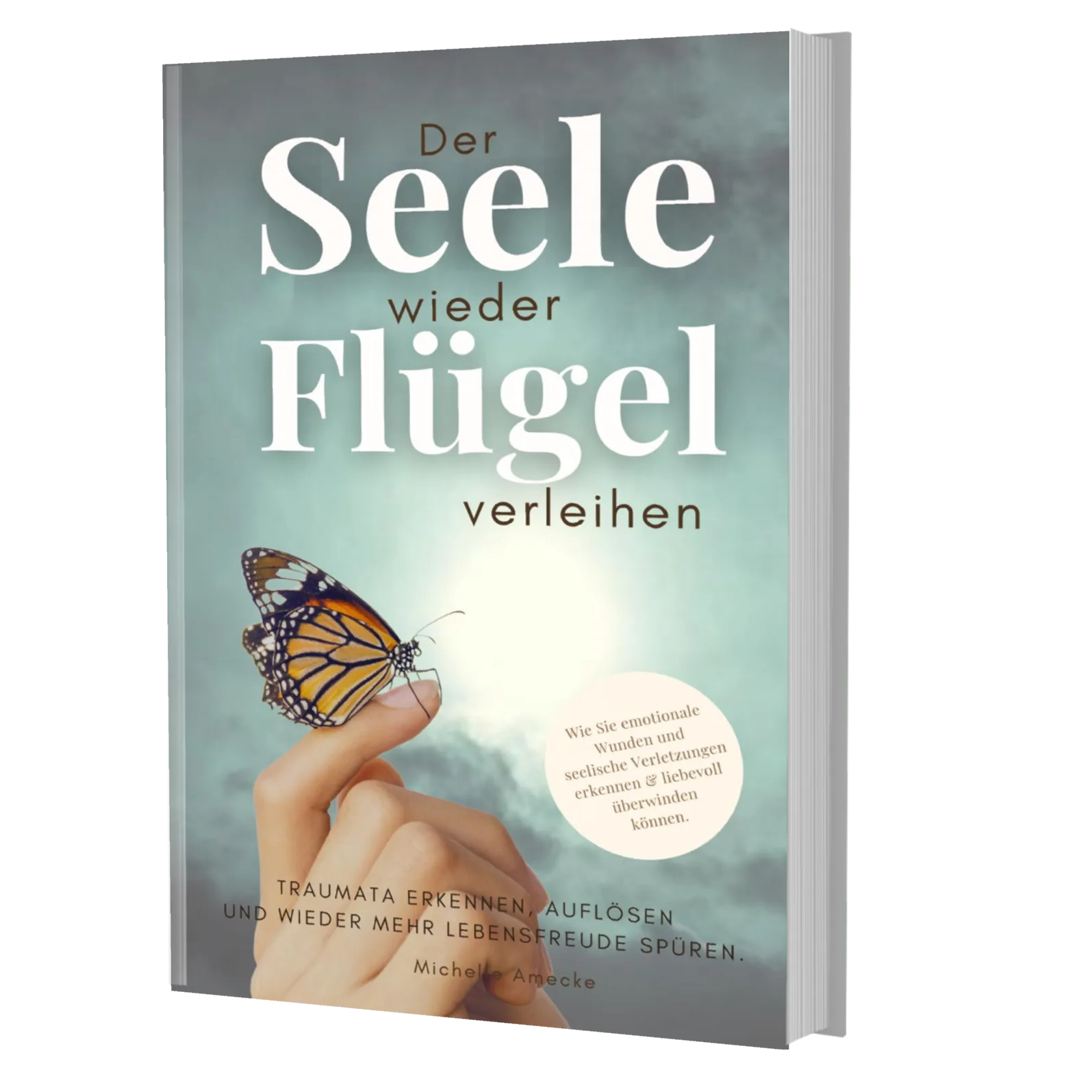 Buchcover Der Seele wieder Flügel verleihen von Michelle Amecke, grauer Hintergrund mit Schmetterling auf Hand