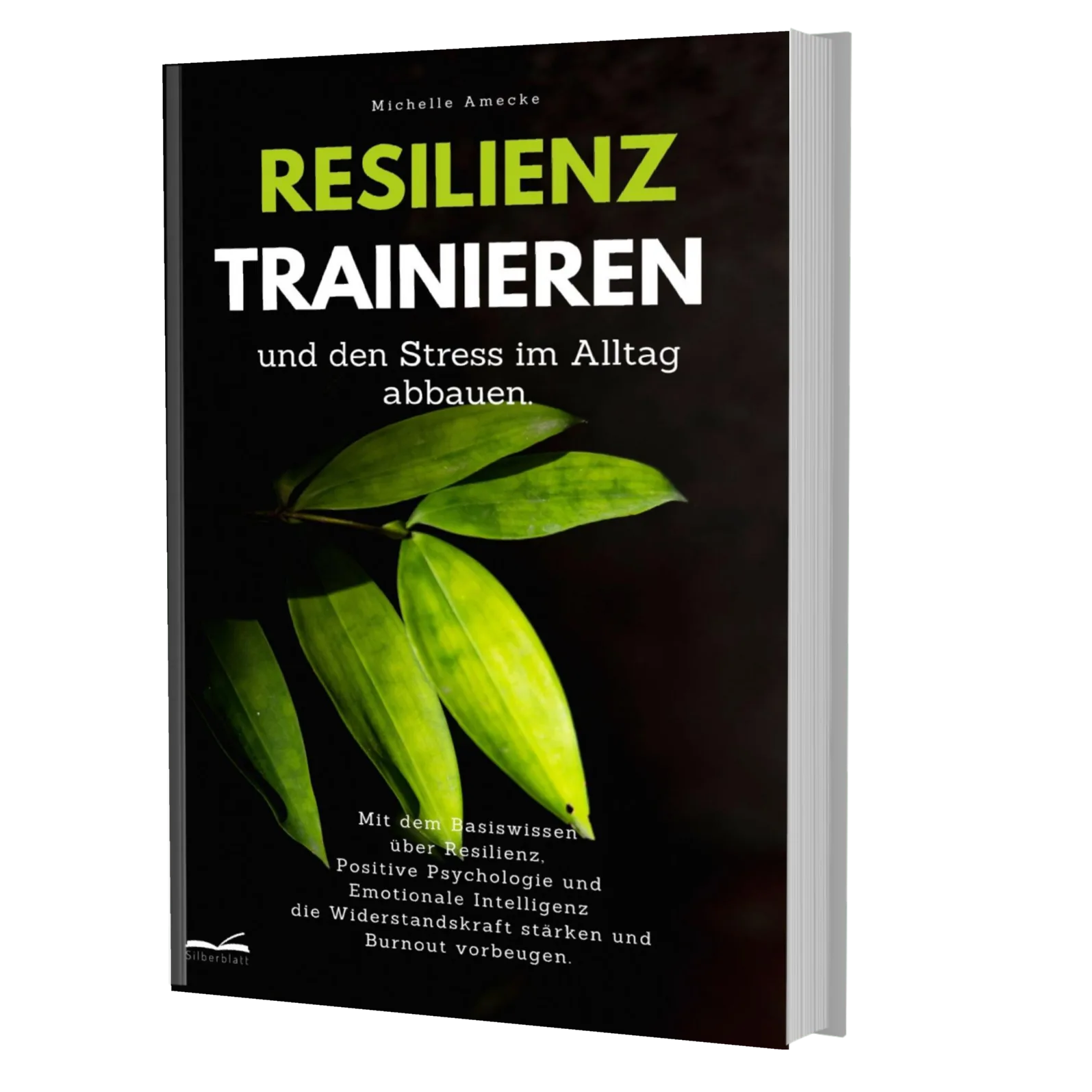 Buchcover Resilienz trainieren und den Stress im Alltag abbauen von Michelle Amecke, schwarzer Hintergrund mit grünen Blätter