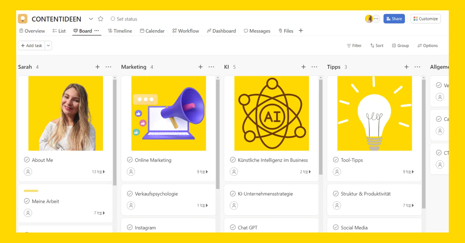 Screenshot Content-Ideen Board mit Kategorien Sarah, Marketing, KI und Tipps auf gelbem Hintergrund