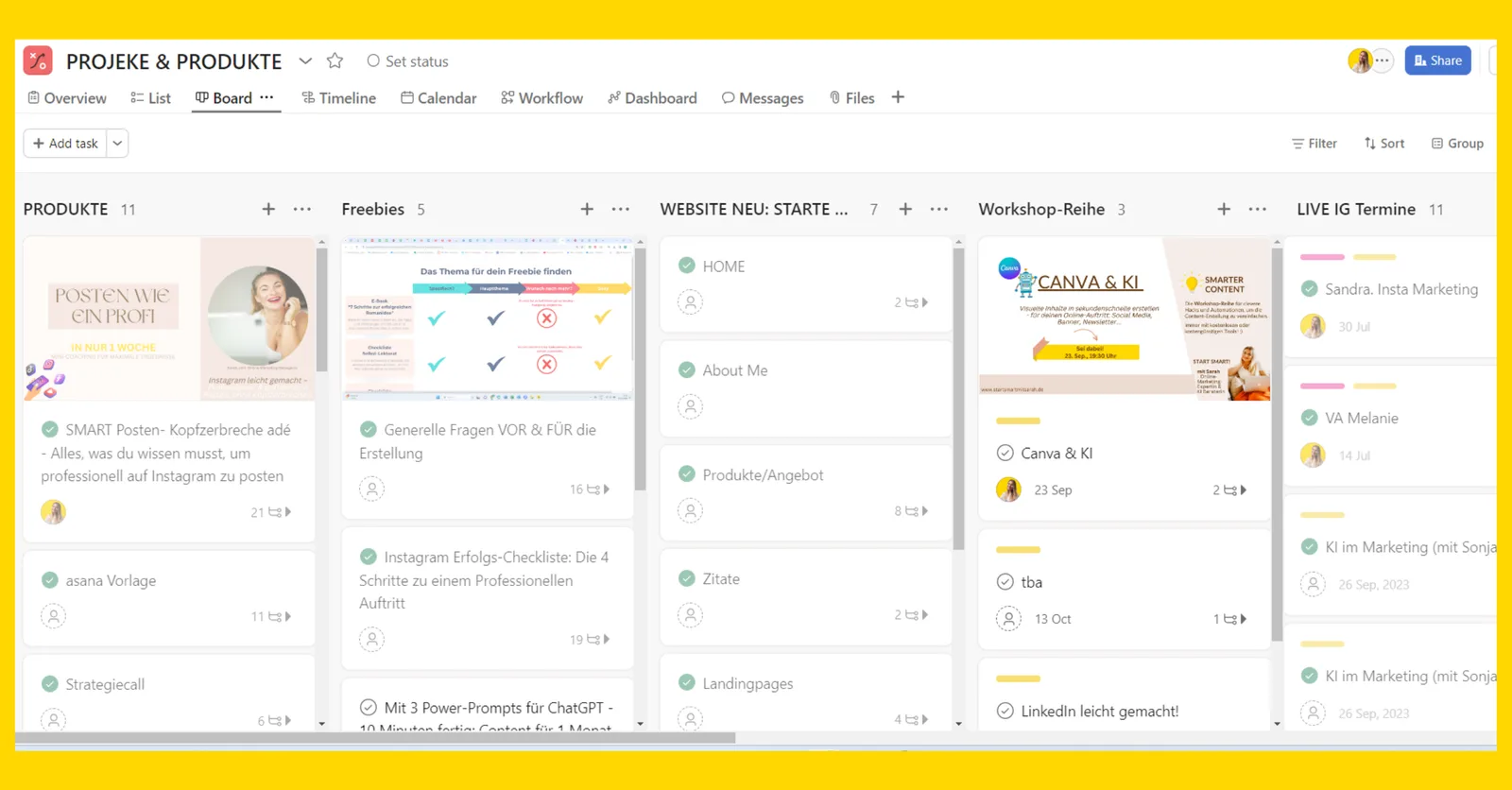 Screenshot Projekte & Produkte Board mit Produkten, Freebies und Live-Terminen auf gelbem Hintergrund