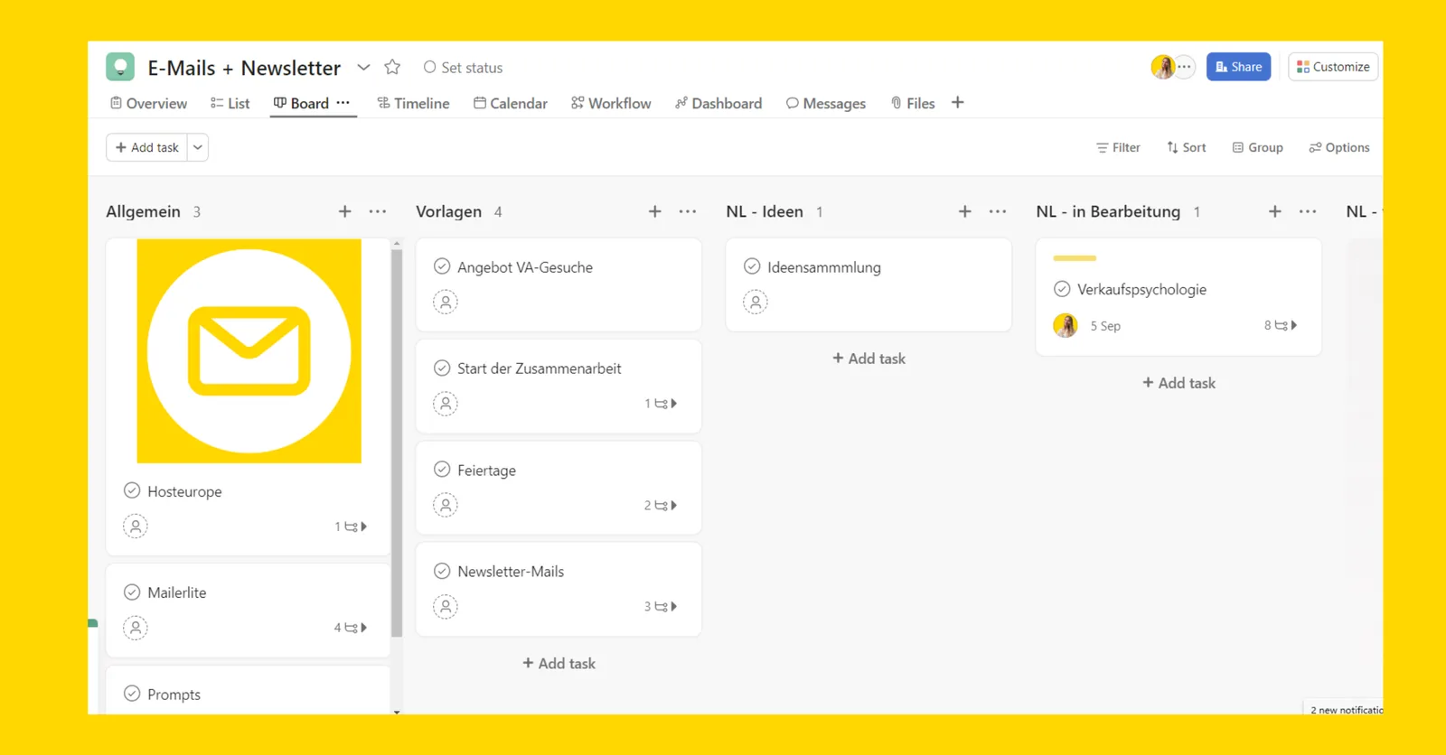 Screenshot E-Mails und Newsletter Board mit Kategorien für Vorlagen und Ideen auf gelbem Hintergrund