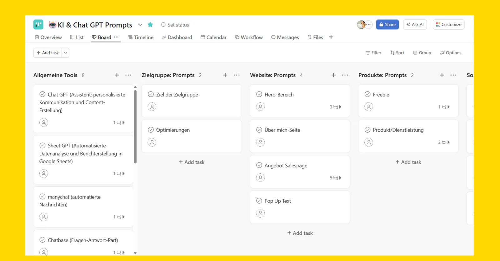Screenshot KI & Chat GPT Prompts Board mit Kategorien für allgemeine Tools und Website-Prompts auf gelbem Hintergrund