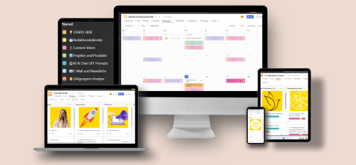 Mockup: Digitale Business-Vorlage auf Desktop, Laptop, Tablet und Smartphone auf beigem Hintergrund
