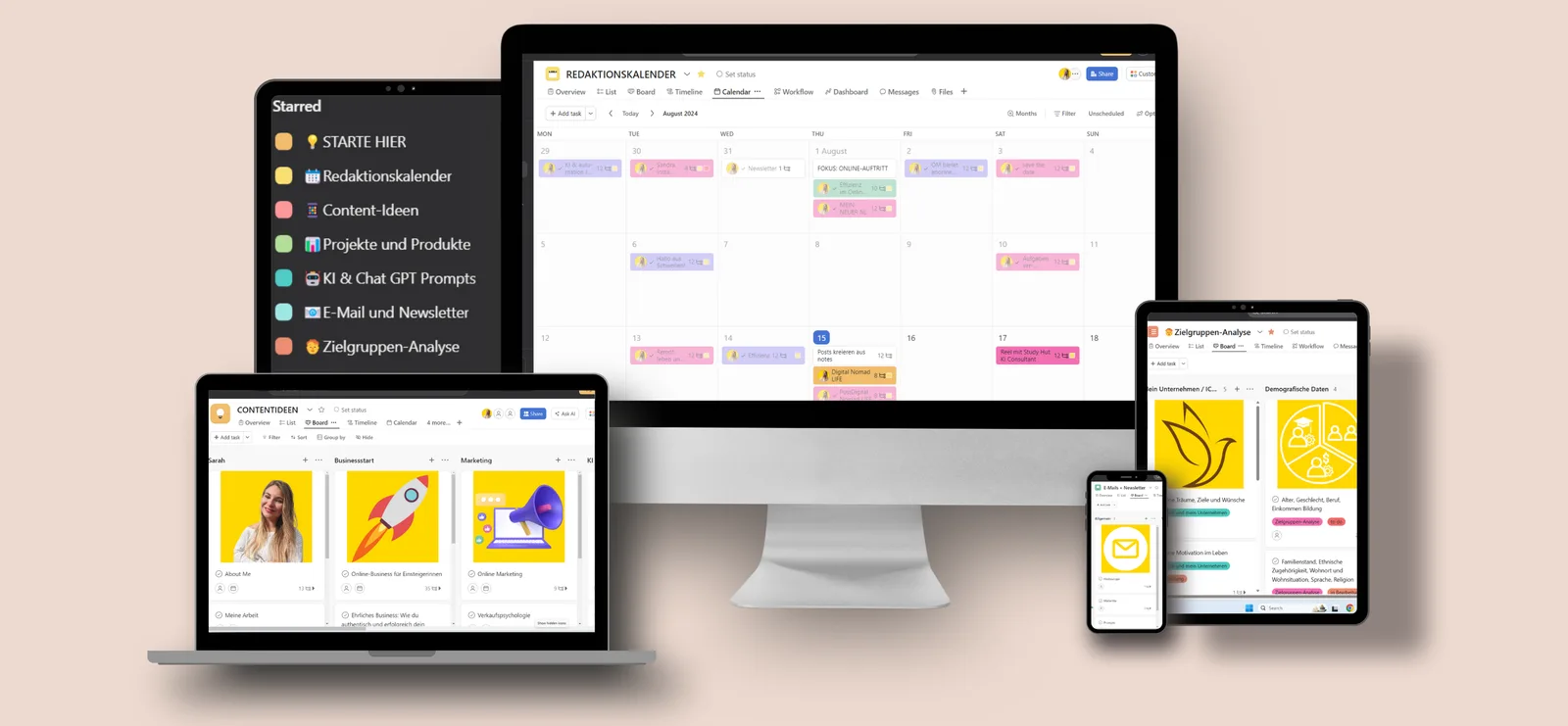 Hero-Mockup: Digitale Ablage Workspace auf Desktop, Laptop, Tablet und Smartphone in Beige