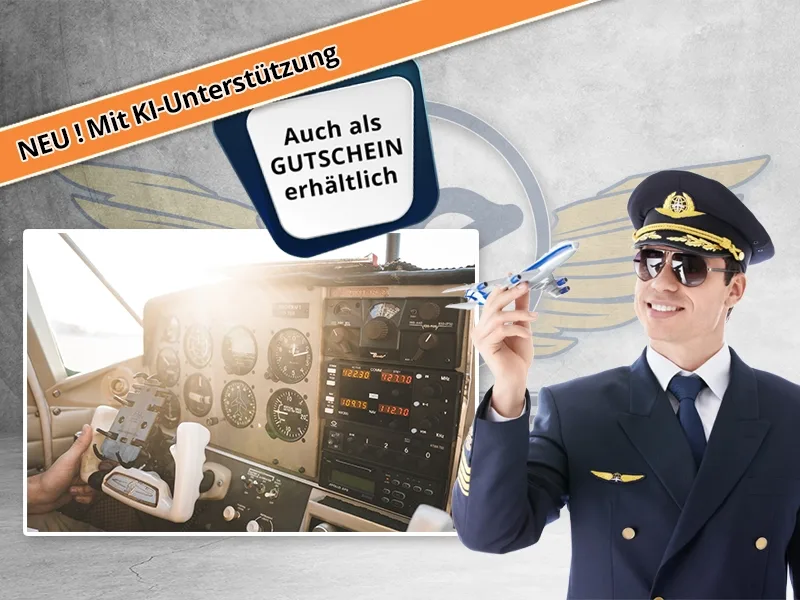 Hero-Banner für Onlinekurse Luftfahrt mit Pilot im Cockpit und Fluglehrer mit Flugzeug-Modell