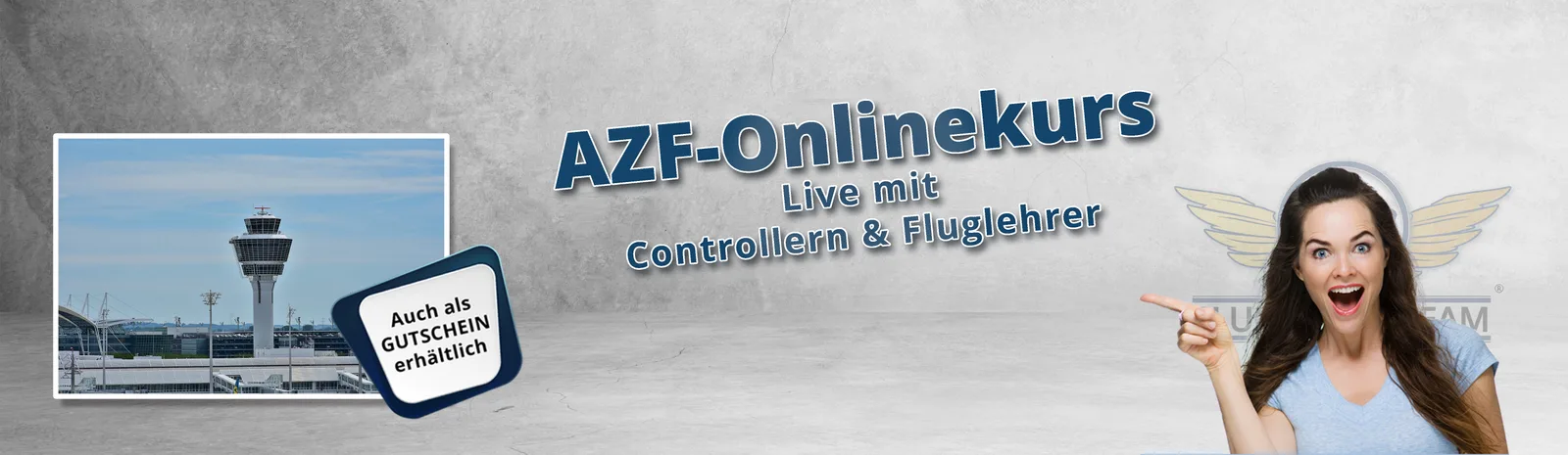 Banner für AZF-Onlinekurs Live mit Controllern und Fluglehrer, Flughafen-Tower, Fluglehrerteam-Logo