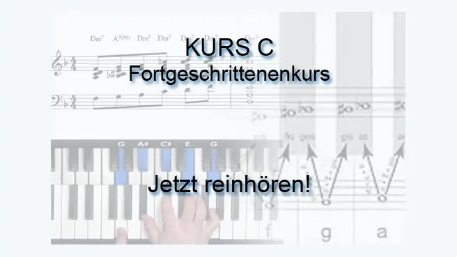 C: Fortgeschrittenenkurs – Klavierspielen lernen per Video 2 Kurs C Fortgeschrittenenkurs, Notenblatt mit Klavier und Text zum Reinschnuppern