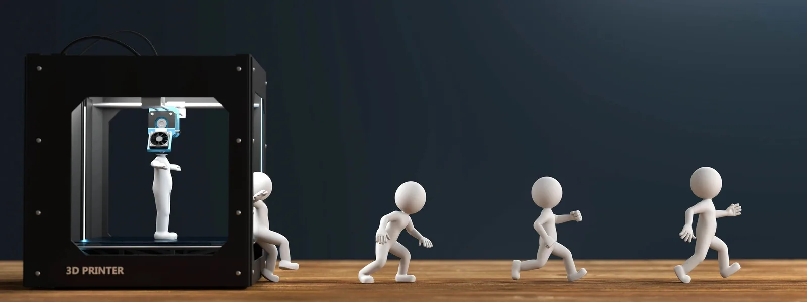 3D-Drucker mit weißen Figuren, die aus dem Drucker hervorkommen und nacheinander laufen