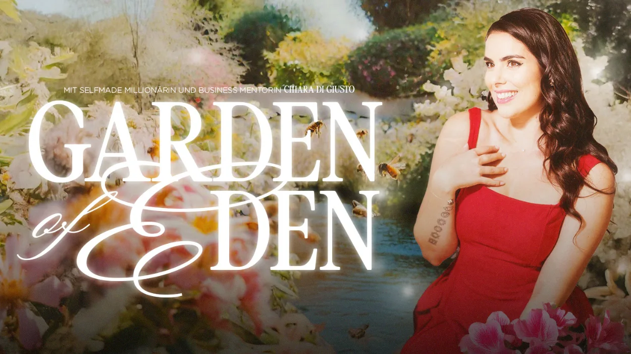 Frau in rotem Kleid vor Blumengarten-Hintergrund mit Text Garden of Eden