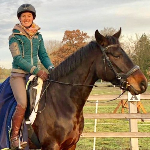 Laura Wildschut auf braunem Pferd reitend, Trainerin für Gangarten und Struktur