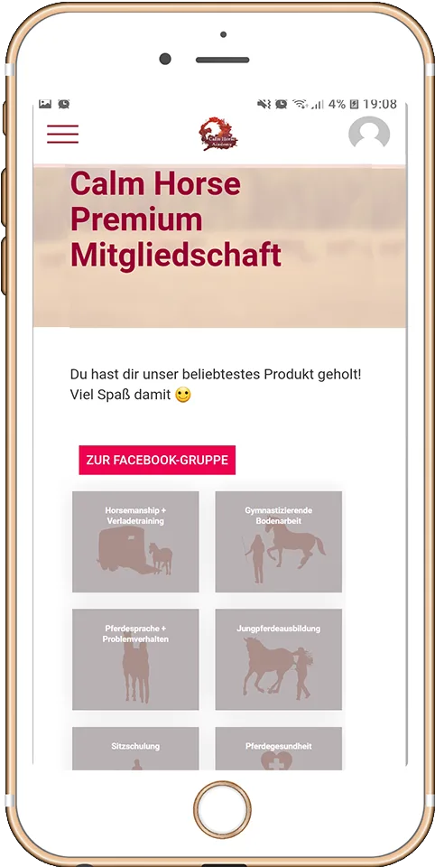 Smartphone-Screenshot der Calm Horse Premium Mitgliedschaft mit Navigationsmenü und Kursoptionen