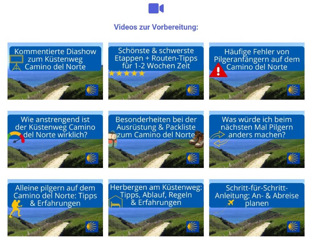 Neun Video-Thumbnails zu Kursthemen wie Diashow, Etappen-Tipps, Packliste