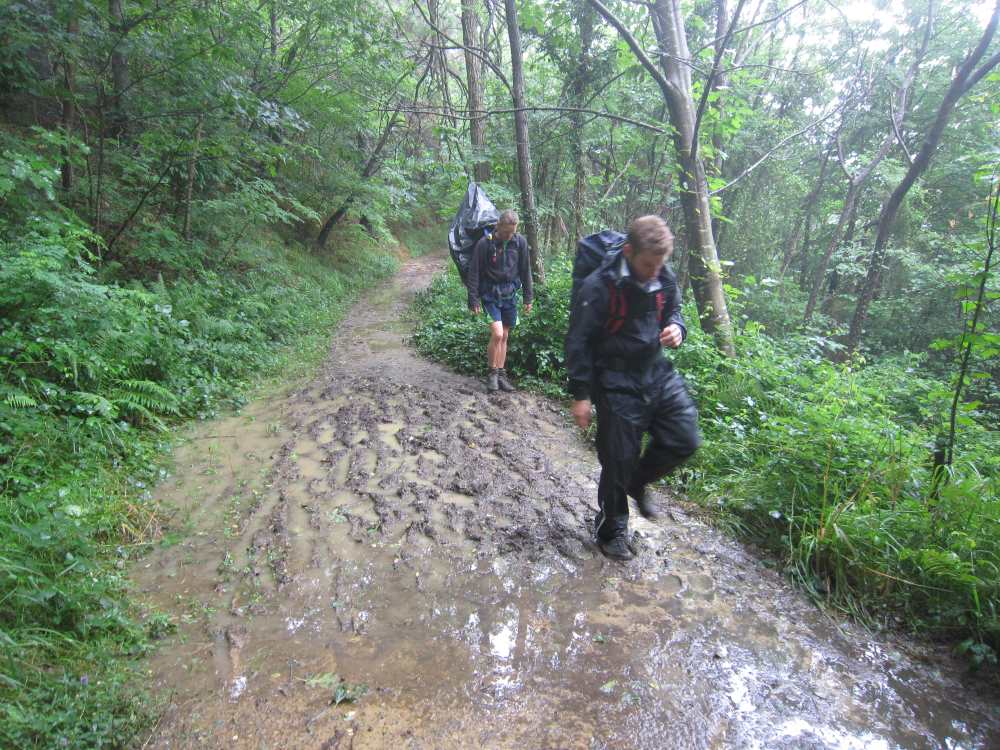 Zwei Pilger in Regenbekleidung wandern auf schlammigem Waldweg