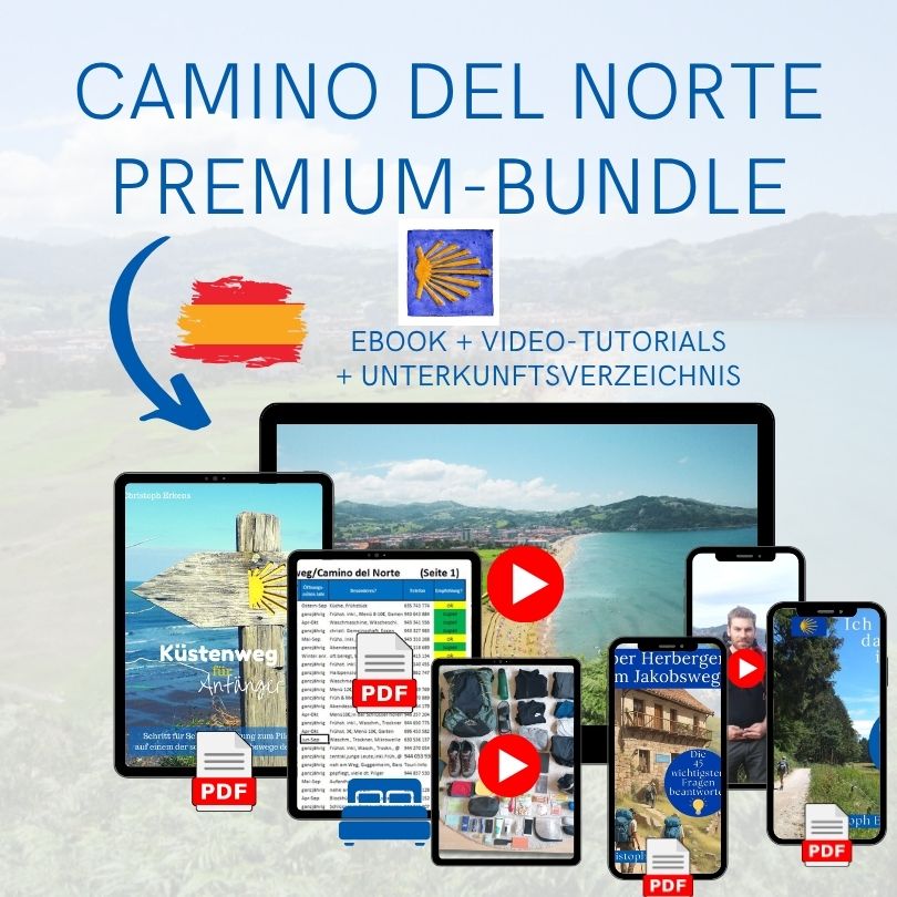 Mockup Camino del Norte Premium-Bundle mit eBook, Videos und Unterkunftsverzeichnis auf mehreren Geräten