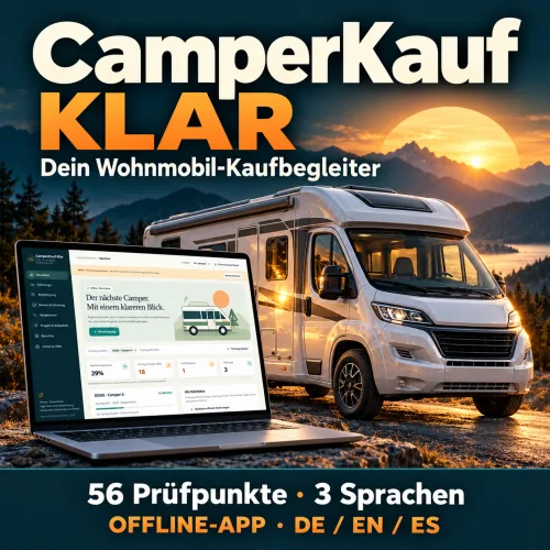CamperKauf Klar – Offline-Kaufbegleiter für Wohnmobile 1 CamperKauf KLAR Offline-Kaufbegleiter mit Laptop und Wohnmobil bei Sonnenuntergang