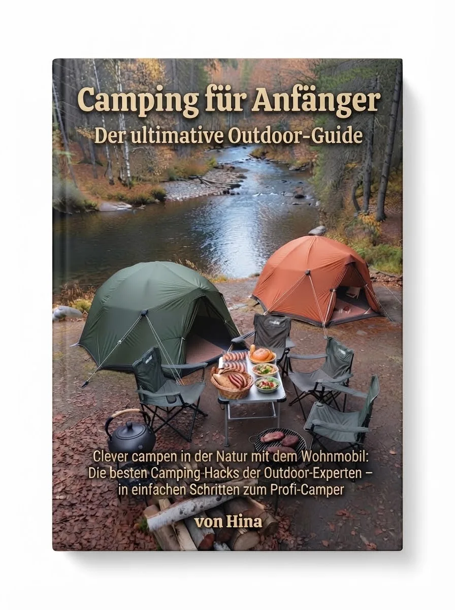 Camping für Anfänger Buch-Mockup mit Zeltplatz und Outdoor-Ausrüstung