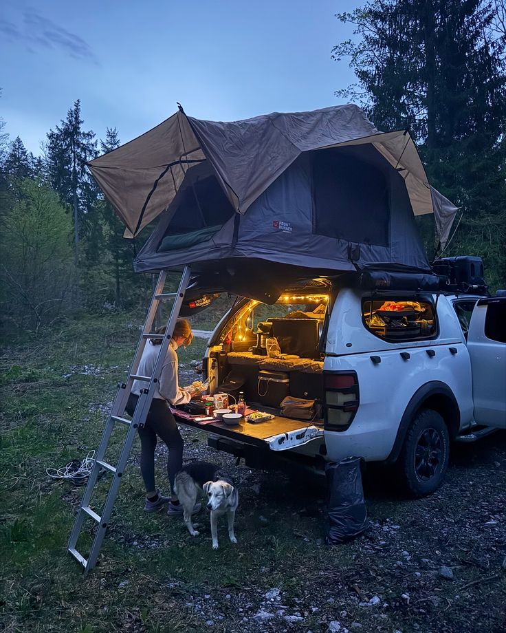 Aufklappbares Dachzelt auf weißem SUV im Wald bei Nacht