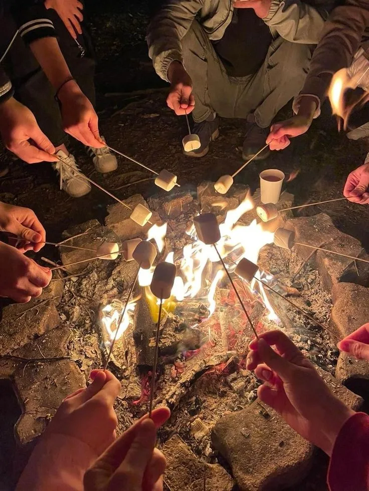 Menschen rösten Marshmallows über Lagerfeuer beim Camping