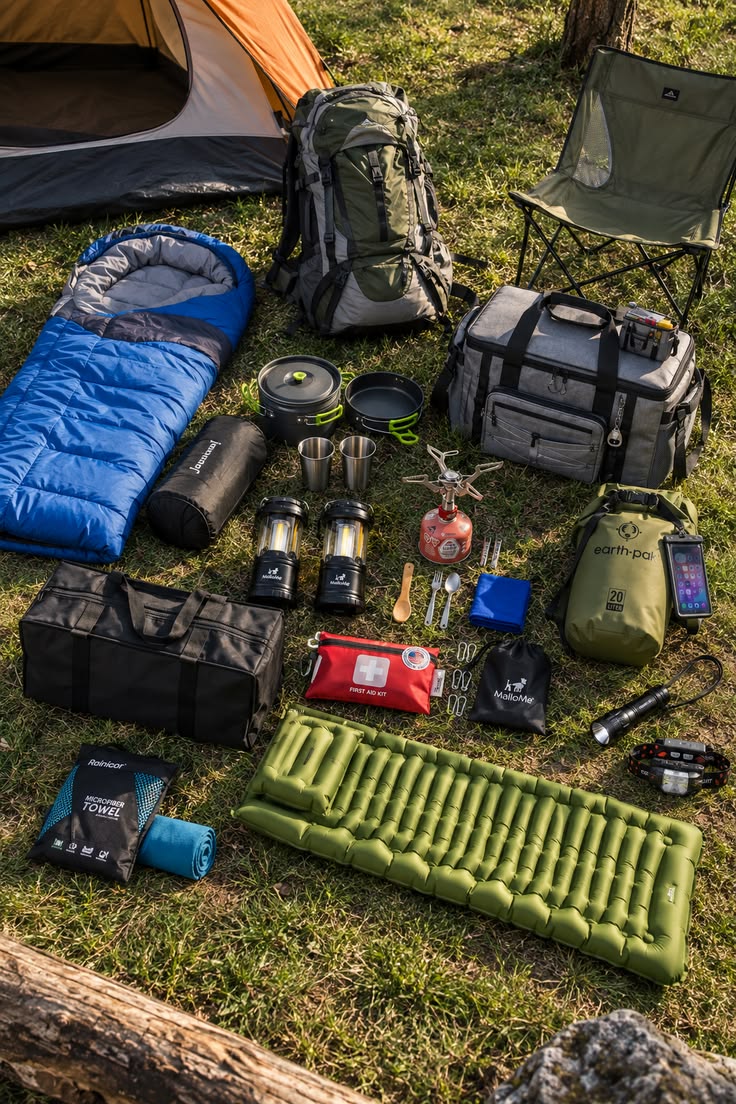 Flache Übersicht Camping-Ausrüstung mit Rucksack, Schlafsack und Zubehör